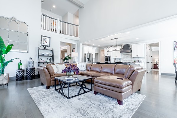 living room with hardwood / wood-style floors and a high ceiling