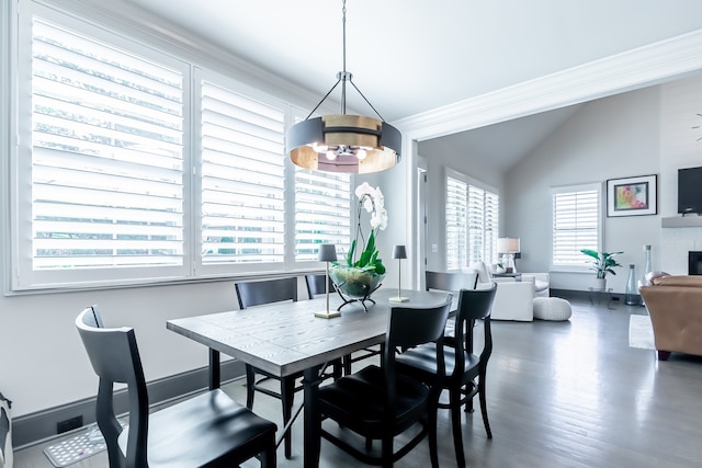 dining space featuring dark hardwood / wood-style floors, a healthy amount of sunlight, and vaulted ceiling