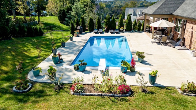 view of pool with a yard, a patio, and a diving board