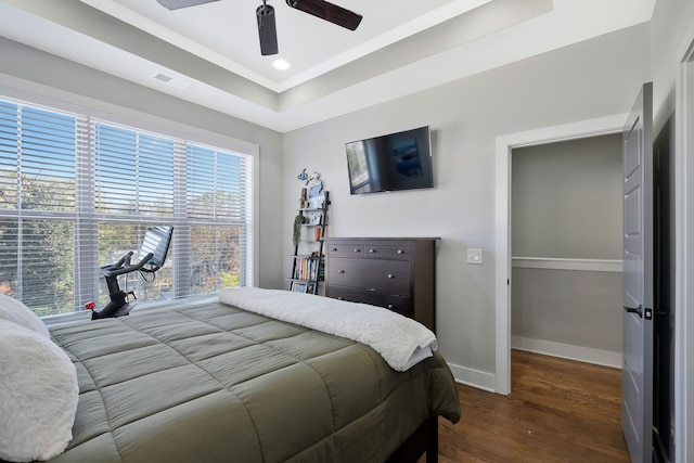 bedroom with ceiling fan, a raised ceiling, multiple windows, and hardwood / wood-style floors