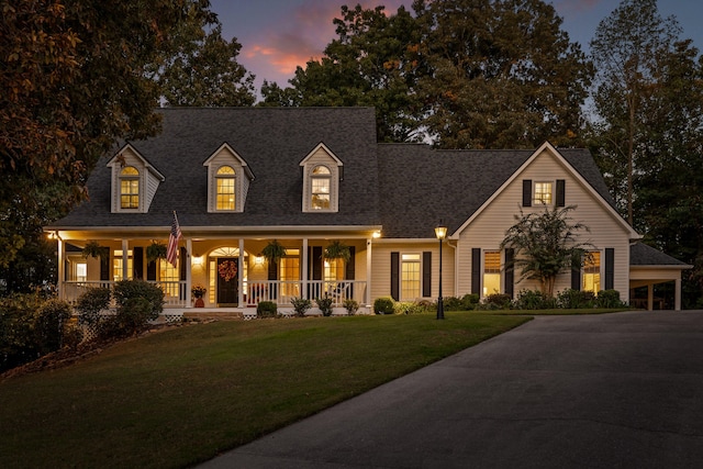 cape cod home with a yard, covered porch, and a carport