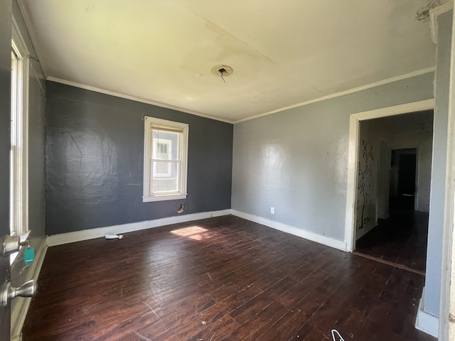 unfurnished room with ornamental molding and dark hardwood / wood-style floors