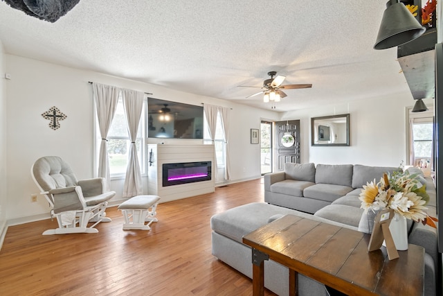 living room featuring hardwood / wood-style flooring, ceiling fan, and a textured ceiling