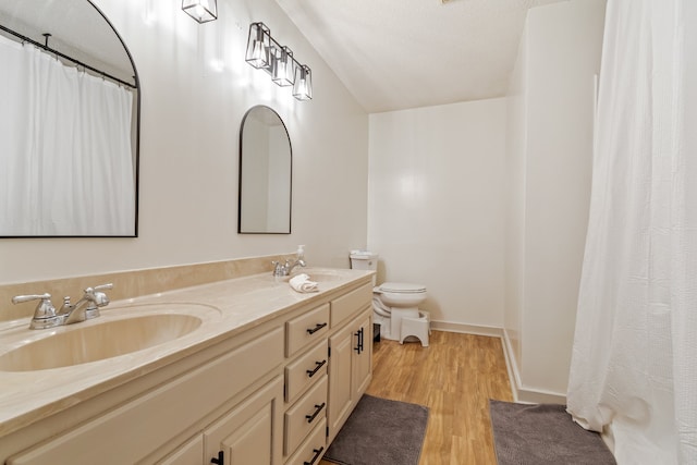 bathroom with toilet, vanity, a textured ceiling, and hardwood / wood-style flooring