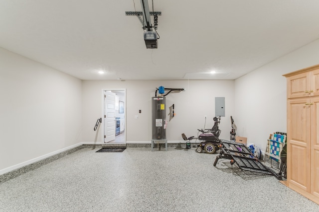 workout room with electric panel and water heater