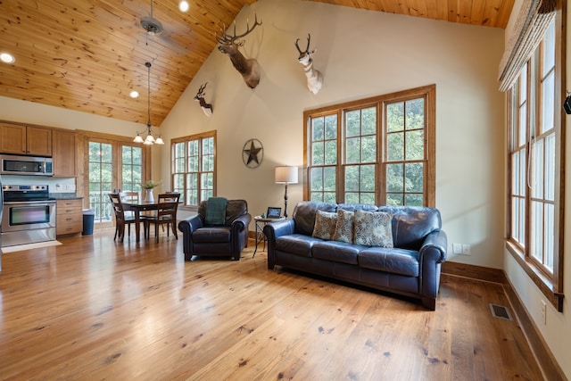 living room with plenty of natural light, high vaulted ceiling, wood ceiling, and light hardwood / wood-style floors