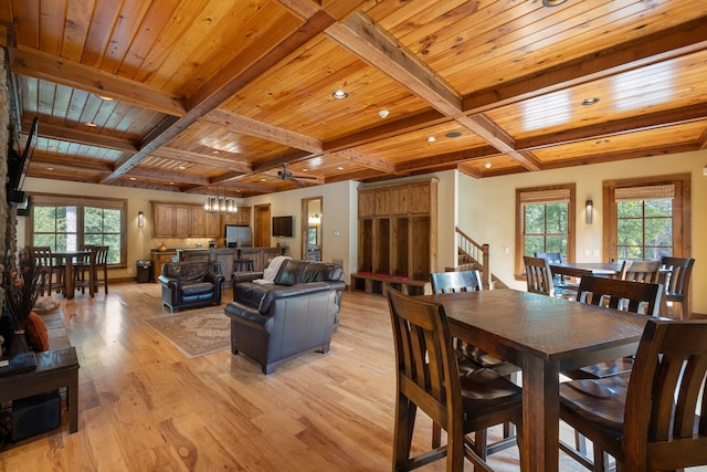 dining space with plenty of natural light, light hardwood / wood-style floors, wood ceiling, and beam ceiling