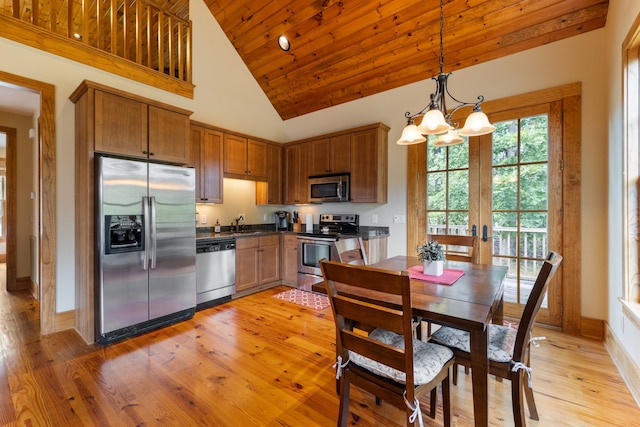 kitchen featuring wooden ceiling, stainless steel appliances, high vaulted ceiling, pendant lighting, and light hardwood / wood-style floors