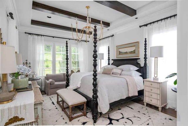 bedroom featuring beam ceiling, crown molding, an inviting chandelier, and light wood-type flooring