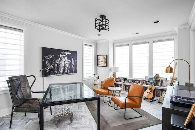 office area featuring crown molding and a healthy amount of sunlight