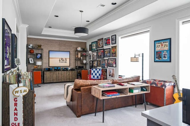 carpeted living room featuring ornamental molding and a raised ceiling