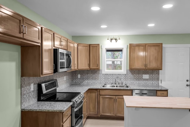 kitchen featuring wooden counters, sink, tasteful backsplash, and stainless steel appliances