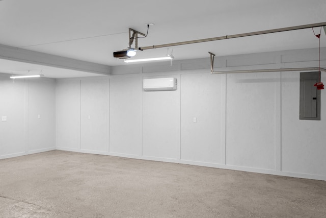 garage featuring electric panel, a garage door opener, and a wall mounted air conditioner