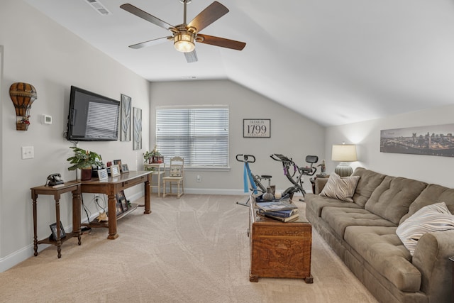 carpeted living room with lofted ceiling and ceiling fan