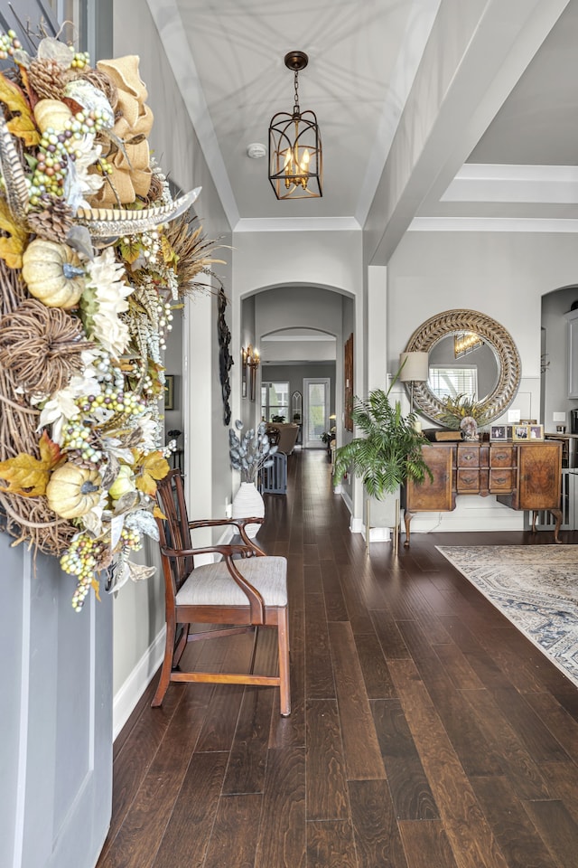 foyer entrance featuring dark hardwood / wood-style flooring and a chandelier