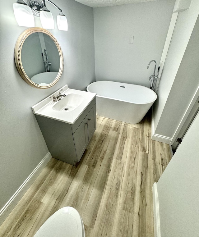 bathroom with toilet, vanity, a tub, and hardwood / wood-style flooring