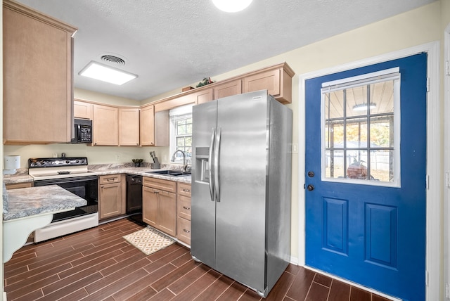 kitchen featuring light brown cabinetry, sink, electric stove, stainless steel fridge with ice dispenser, and dark hardwood / wood-style floors