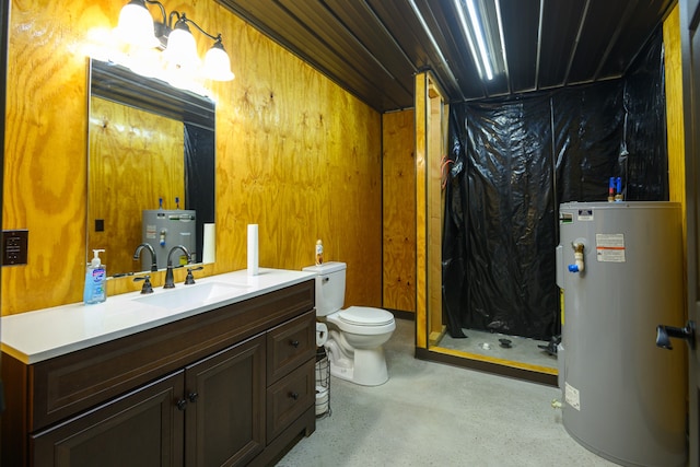 bathroom with walk in shower, toilet, wood walls, water heater, and vanity