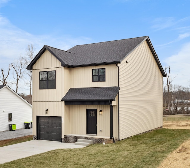 modern farmhouse style home featuring a garage and a front lawn