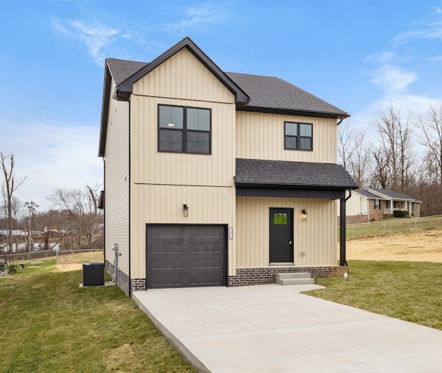 modern farmhouse style home with a front yard, a garage, and central air condition unit