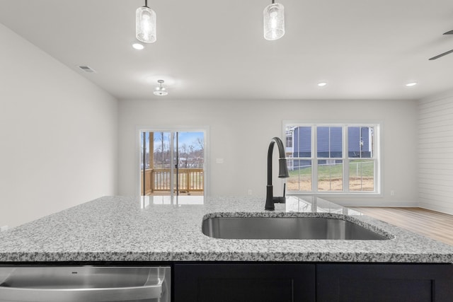 kitchen with hardwood / wood-style floors, decorative light fixtures, a healthy amount of sunlight, and sink