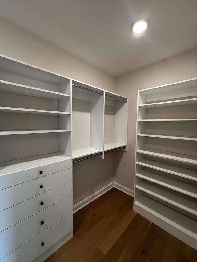 walk in closet with dark hardwood / wood-style flooring