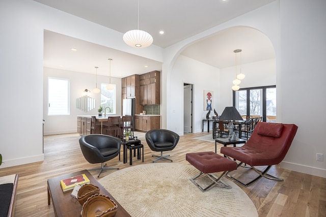 sitting room with light hardwood / wood-style flooring, plenty of natural light, and sink