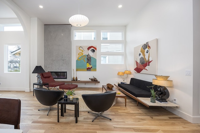 living area with a large fireplace and light wood-type flooring