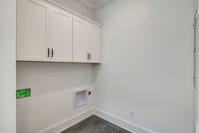 clothes washing area with cabinets, washer hookup, ornamental molding, and electric dryer hookup