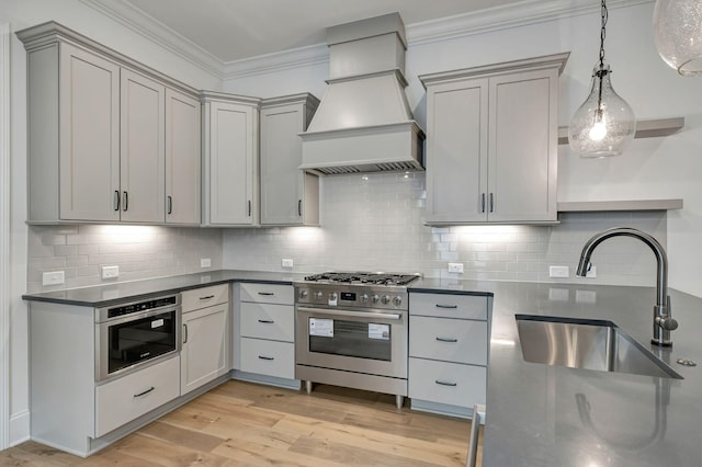 kitchen with premium range hood, sink, gray cabinetry, stainless steel appliances, and crown molding