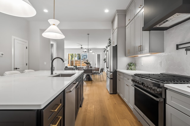 kitchen with appliances with stainless steel finishes, wall chimney exhaust hood, pendant lighting, decorative backsplash, and a kitchen island with sink