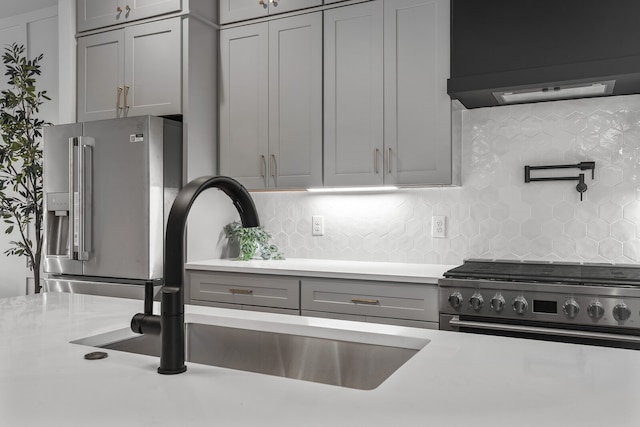 kitchen with gray cabinets, sink, stainless steel appliances, and backsplash