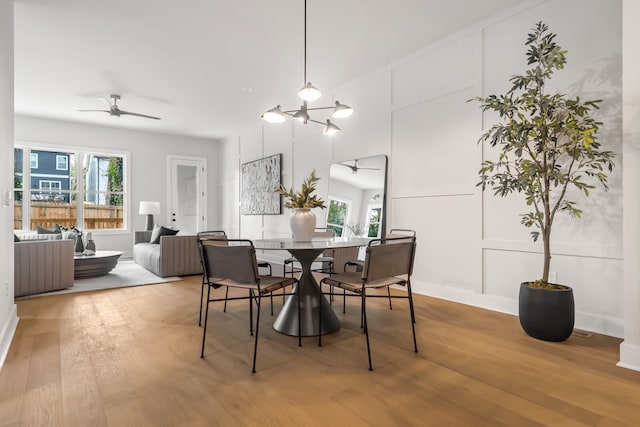 dining space with wood-type flooring and ceiling fan with notable chandelier