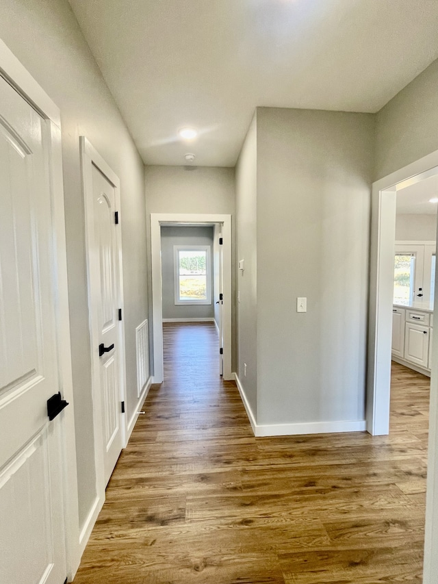 hallway with light wood-type flooring and a wealth of natural light