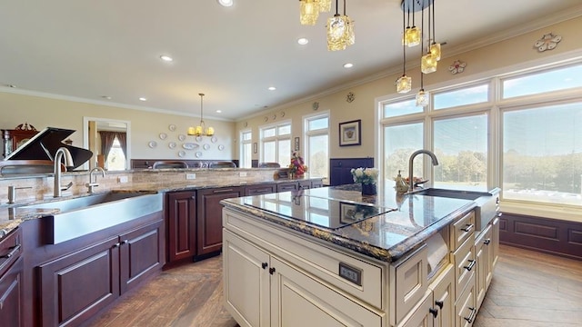 kitchen featuring an island with sink, pendant lighting, and a healthy amount of sunlight