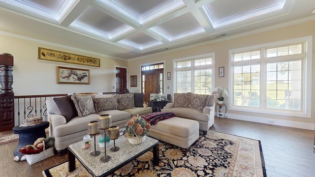 living room with dark wood-type flooring, crown molding, coffered ceiling, and beamed ceiling