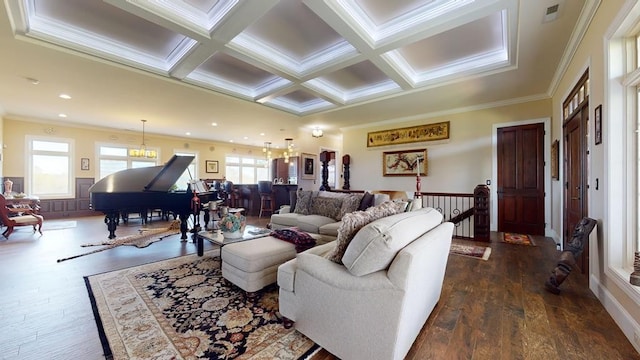 living room featuring beam ceiling, dark wood-type flooring, crown molding, and coffered ceiling