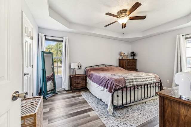 bedroom featuring hardwood / wood-style floors, a tray ceiling, and ceiling fan