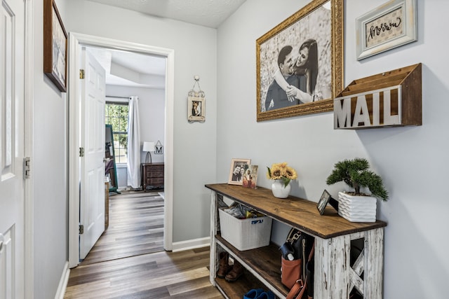 hall with a textured ceiling and dark hardwood / wood-style floors