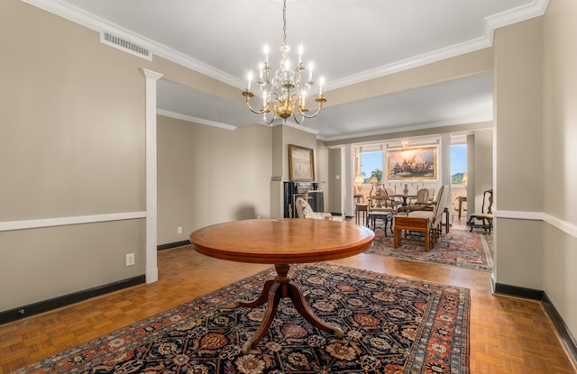 interior space with parquet flooring, a notable chandelier, and ornamental molding