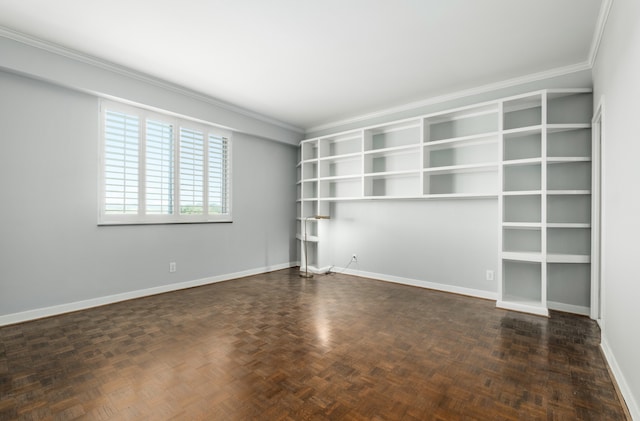 unfurnished room featuring crown molding and dark parquet flooring