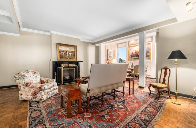 living room featuring ornamental molding, ornate columns, and dark parquet flooring