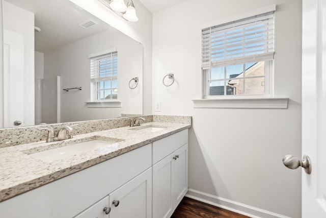 bathroom featuring hardwood / wood-style floors, vanity, and a healthy amount of sunlight