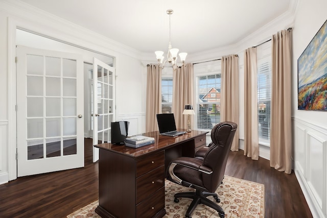 office featuring an inviting chandelier, crown molding, and dark wood-type flooring