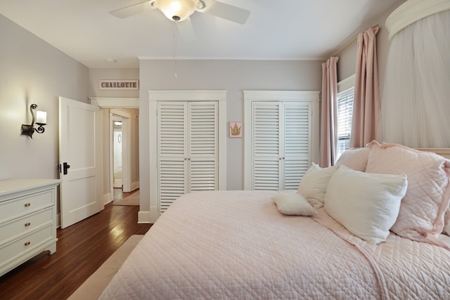 bedroom featuring ceiling fan, two closets, and dark hardwood / wood-style floors