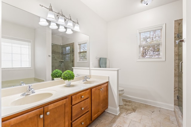 bathroom featuring a wealth of natural light, vanity, a shower with shower door, and toilet