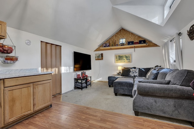 living room with light hardwood / wood-style floors and vaulted ceiling