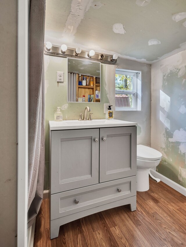 bathroom featuring hardwood / wood-style flooring, vanity, and toilet