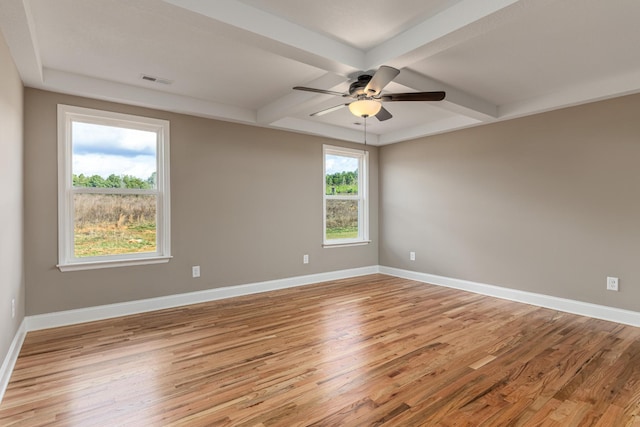 empty room with ceiling fan, beam ceiling, light wood-type flooring, and coffered ceiling