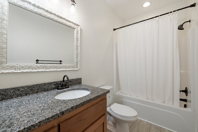 full bathroom featuring vanity, toilet, shower / bathtub combination with curtain, and tile patterned flooring